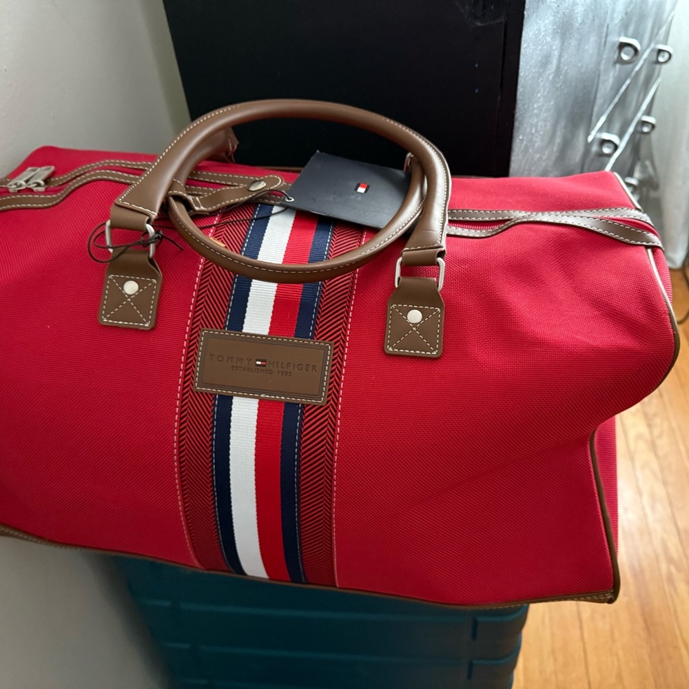Tommy Hilfiger Red and Brown Duffel Bag with Sporty Design